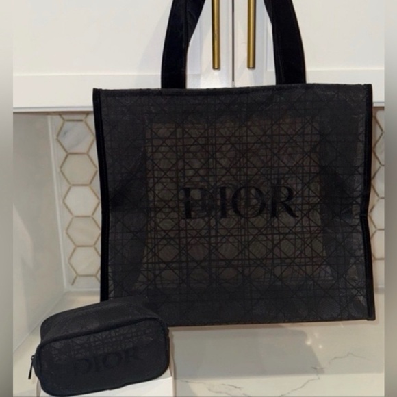 NEW Dior Black Mesh Canage Tote Bag & Pouch Case Clutch Set - Picture 2 of 10